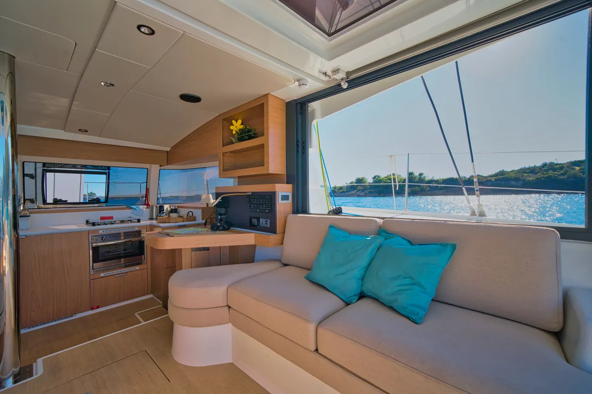 Salon of ZOIE, a Bali Catsmart catamaran at Kontokali, Greece