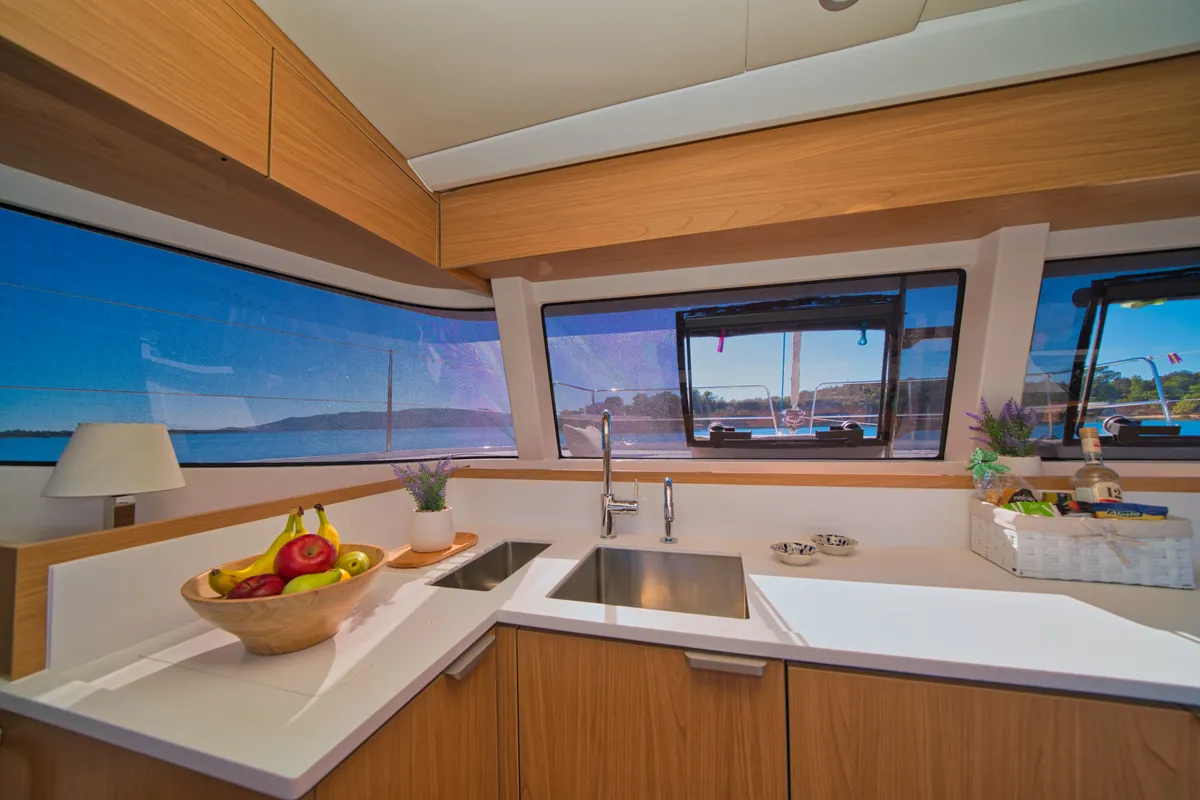 Galley of ZOIE, a Bali Catsmart catamaran at Kontokali, Greece