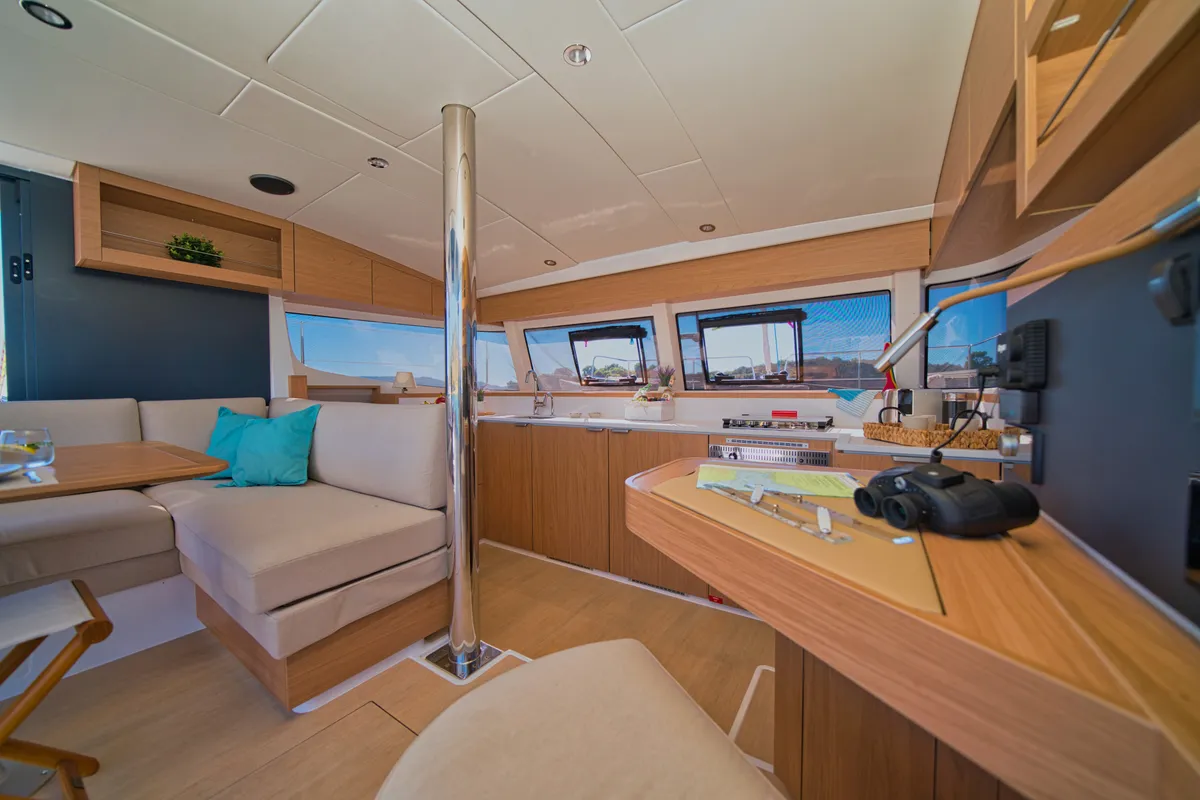 Salon of ZOIE, a Bali Catsmart catamaran at Kontokali, Greece