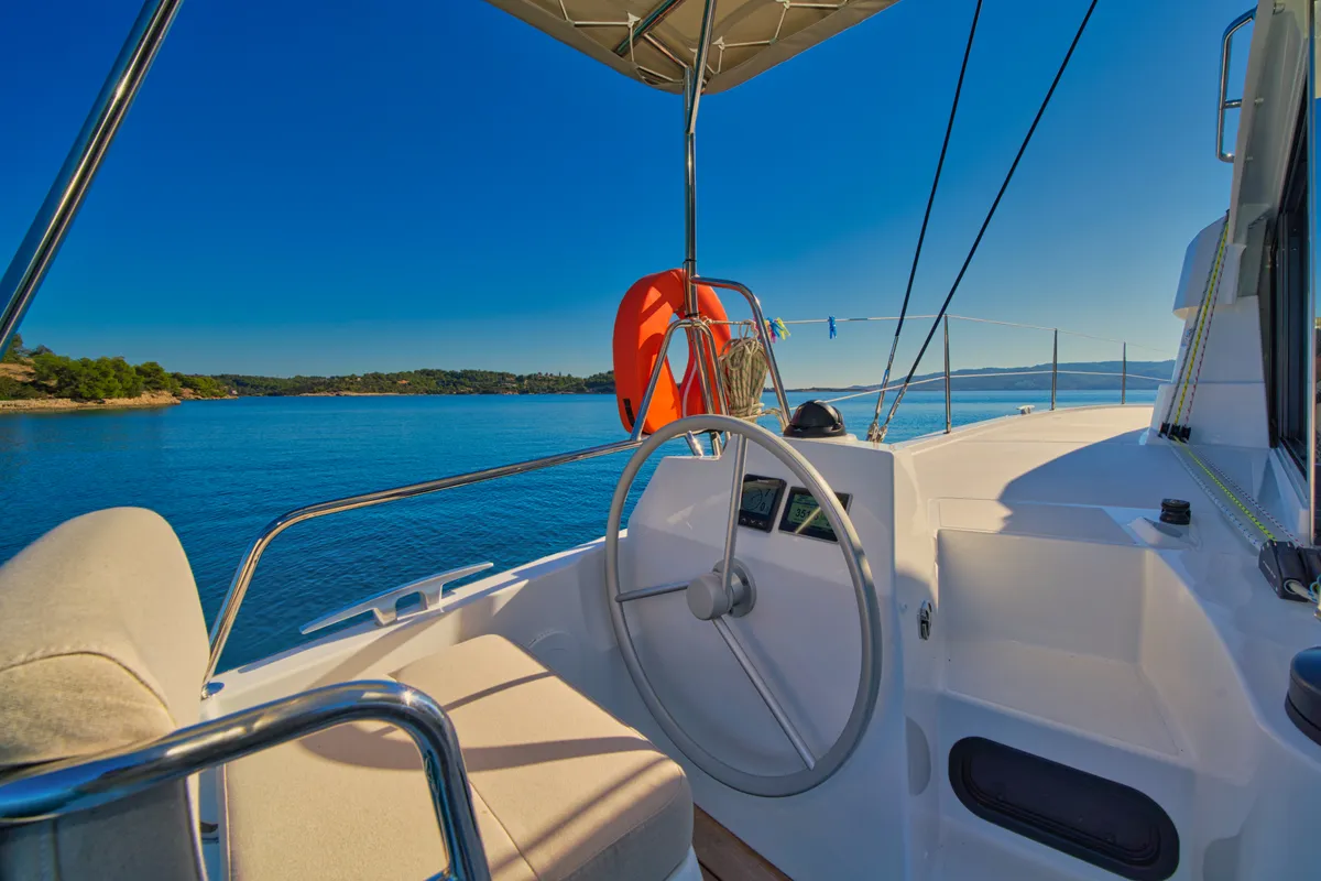Cockpit of ZOIE, a Bali Catsmart catamaran at Kontokali, Greece