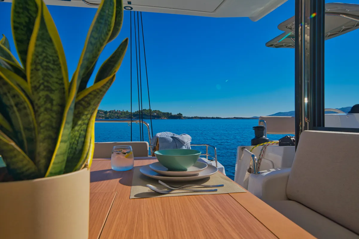 Deck of ZOIE, a Bali Catsmart catamaran at Kontokali, Greece