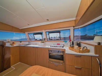 Galley of ZOIE, a Bali Catsmart catamaran at Kontokali, Greece