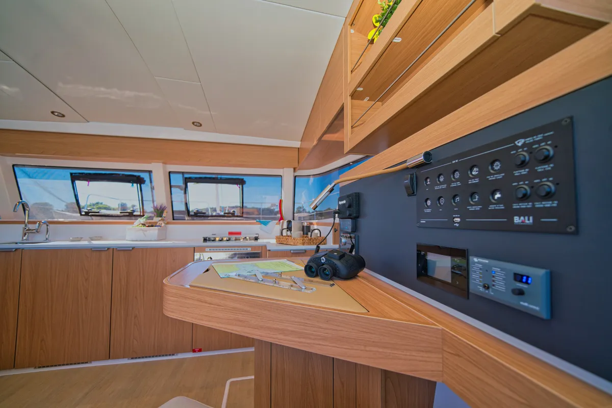 Salon of ZOIE, a Bali Catsmart catamaran at Kontokali, Greece