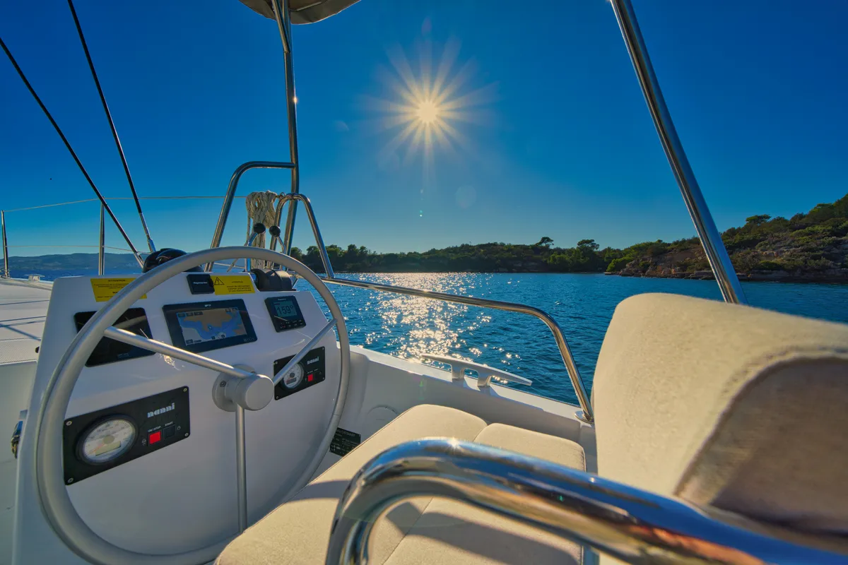 Cockpit of ZOIE, a Bali Catsmart catamaran at Kontokali, Greece