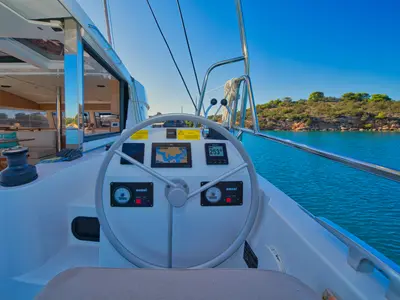 Cockpit of ZOIE, a Bali Catsmart catamaran at Kontokali, Greece