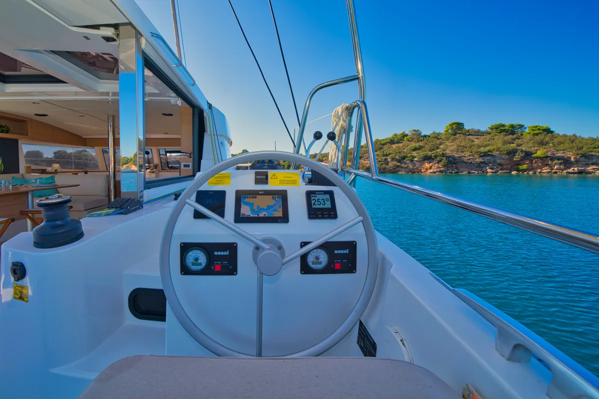 Cockpit of ZOIE, a Bali Catsmart catamaran at Kontokali, Greece
