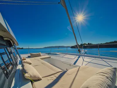 Deck of ZOIE, a Bali Catsmart catamaran at Kontokali, Greece