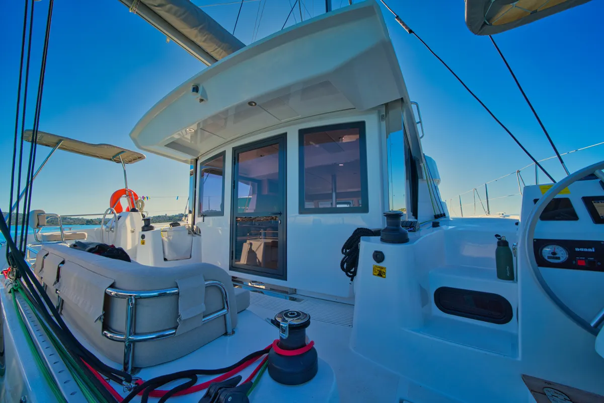 Deck of ZOIE, a Bali Catsmart catamaran at Kontokali, Greece