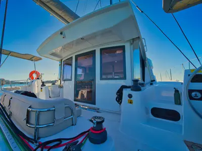 Cockpit of ZOIE, a Bali Catsmart catamaran at Kontokali, Greece