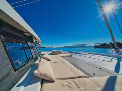 Deck of ZOIE, a Bali Catsmart catamaran at Kontokali, Greece