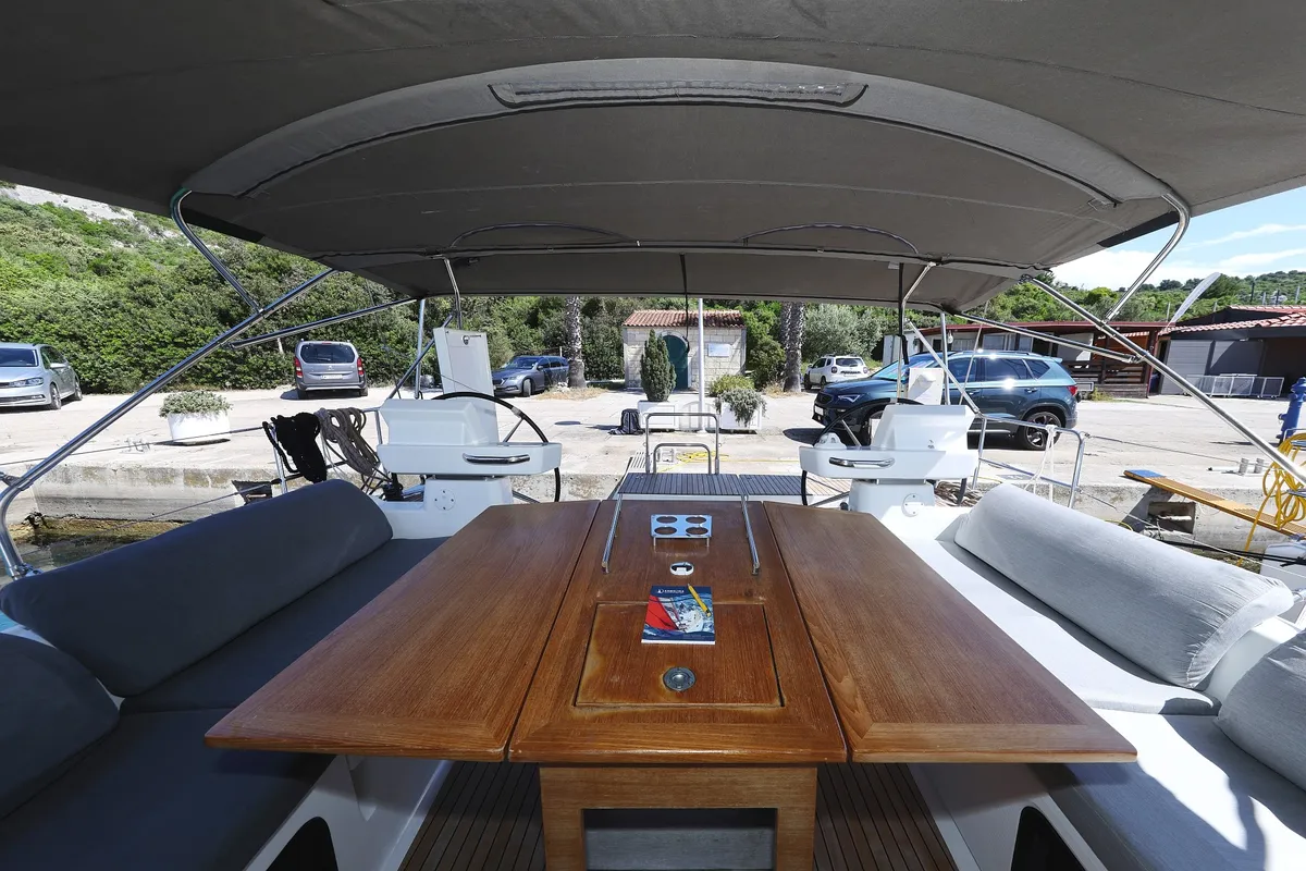 Deck of Lateja, a Dufour 520 GL sailboat at Grad Trogir, Croatia