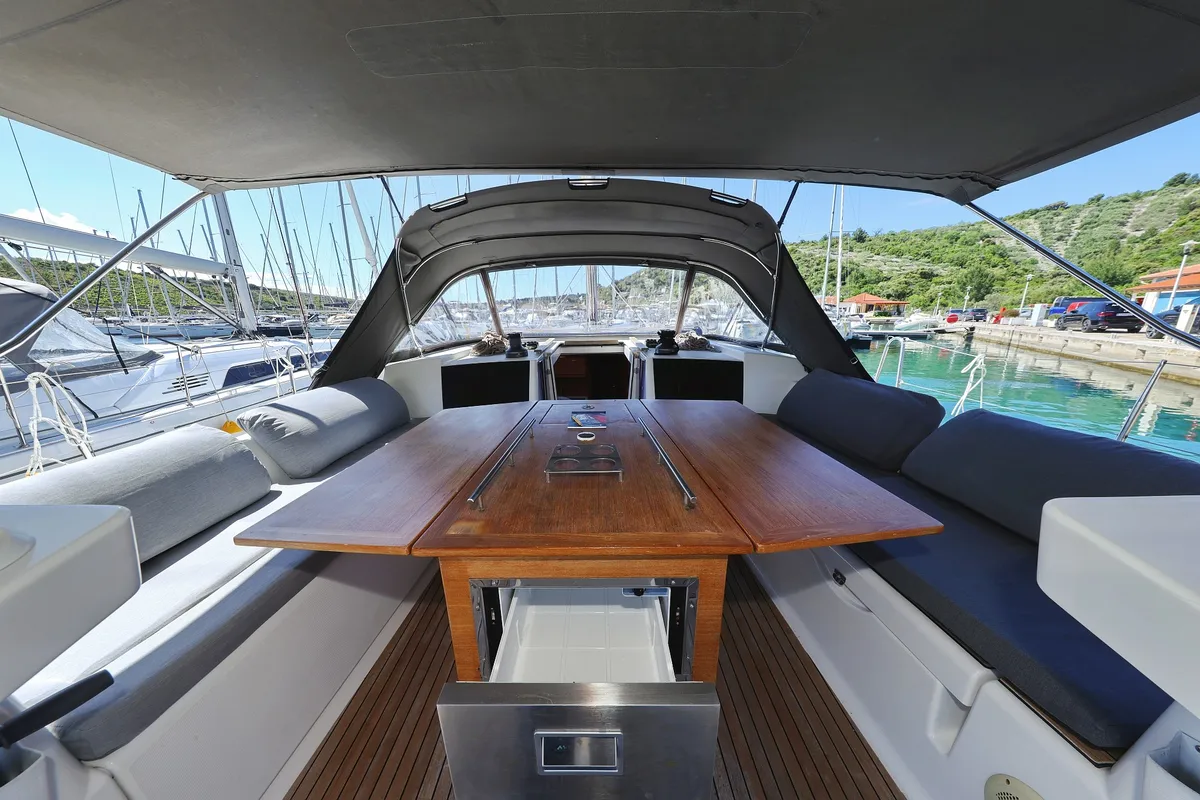 Deck of Lateja, a Dufour 520 GL sailboat at Grad Trogir, Croatia