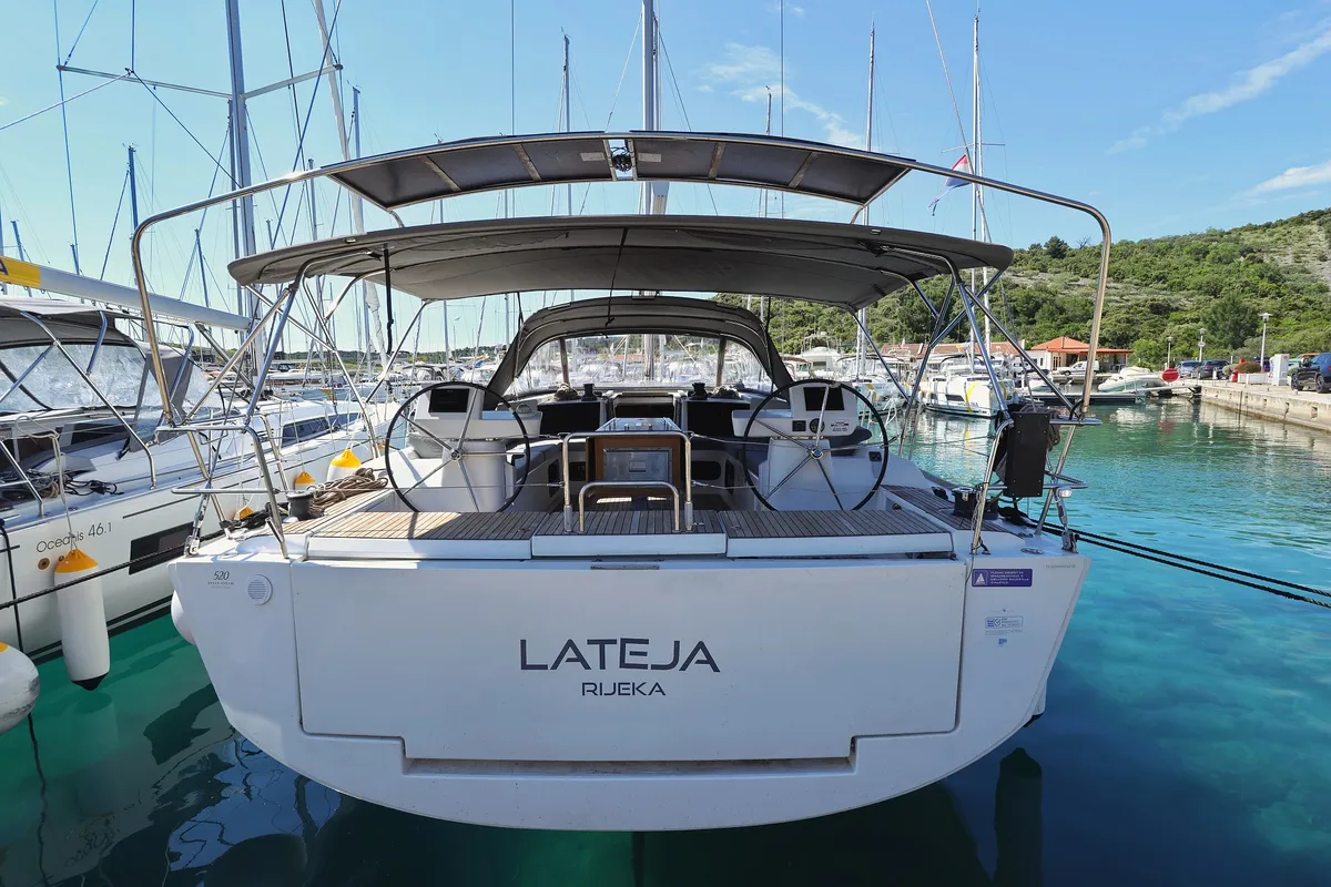 Exterior view of Lateja, a Dufour 520 GL sailboat at Grad Trogir, Croatia