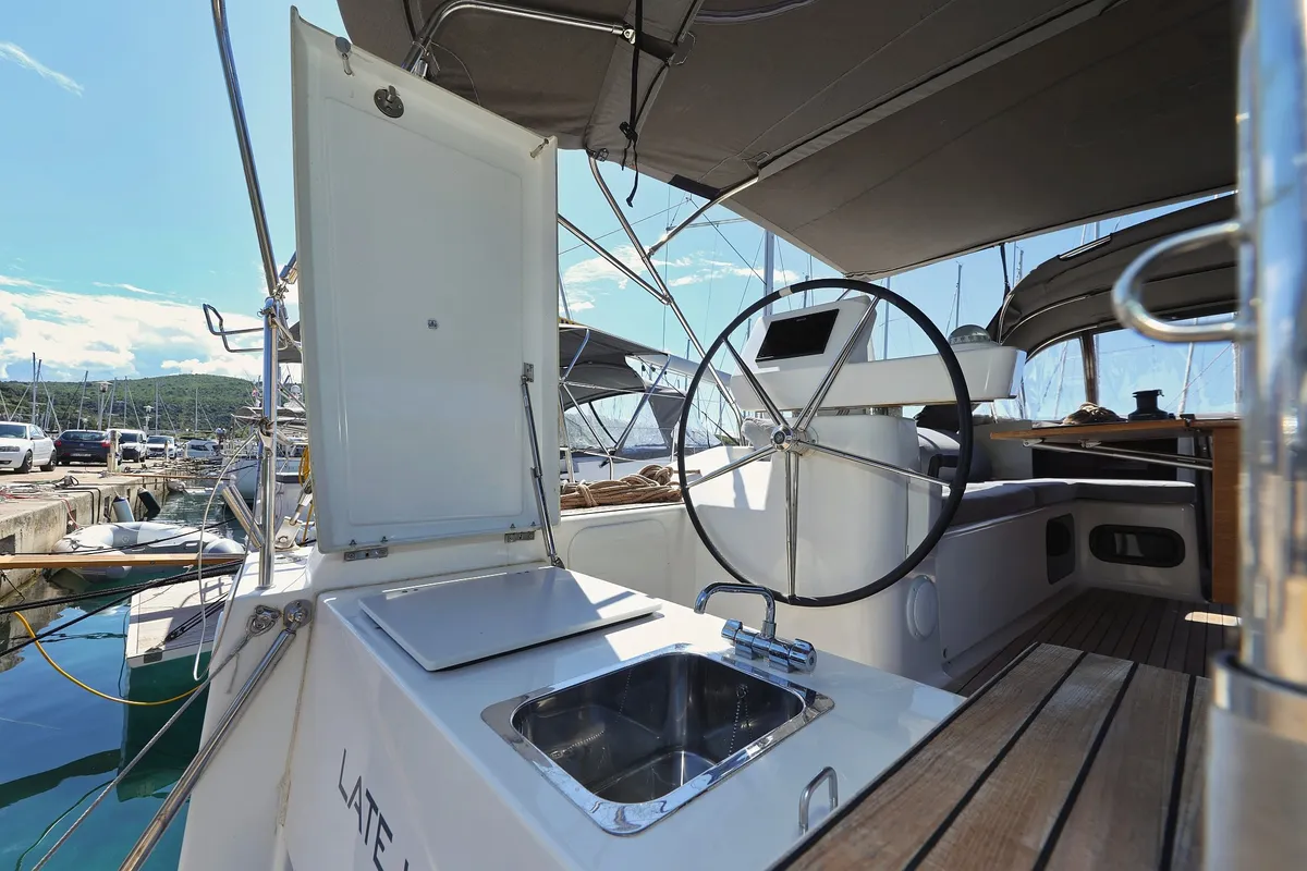 Cockpit of Lateja, a Dufour 520 GL sailboat at Grad Trogir, Croatia