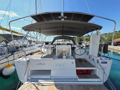 Deck of Lateja, a Dufour 520 GL sailboat at Grad Trogir, Croatia