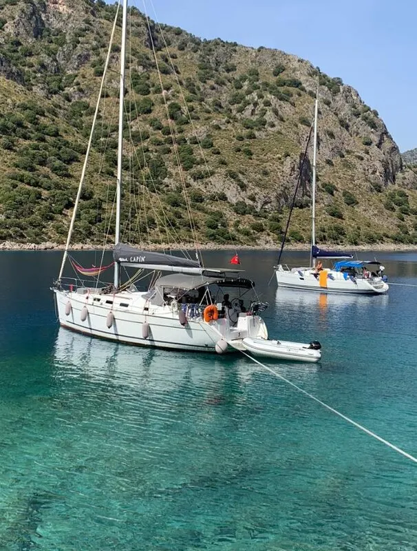Exterior view of Lapin, a Beneteau Cyclades 39 sailboat at Fethiye, Turkey