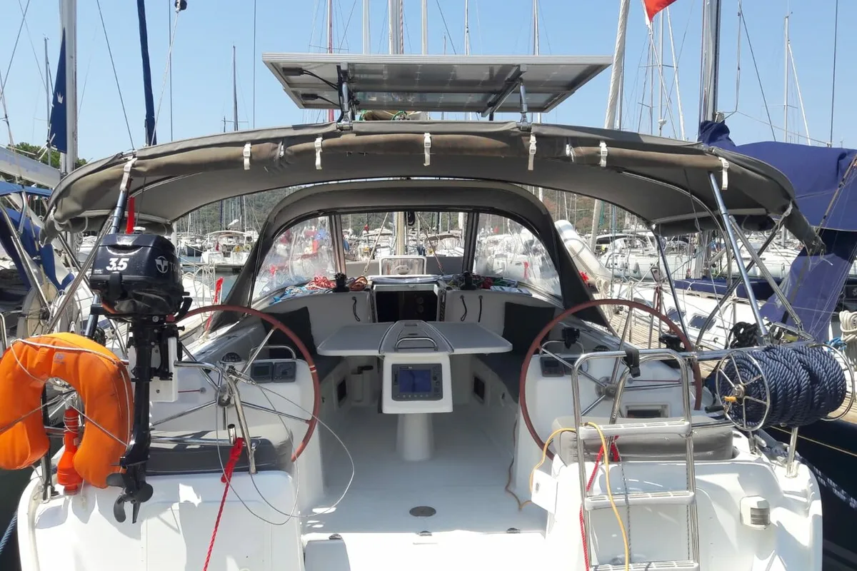 Cockpit of Lapin, a Beneteau Cyclades 39 sailboat at Fethiye, Turkey