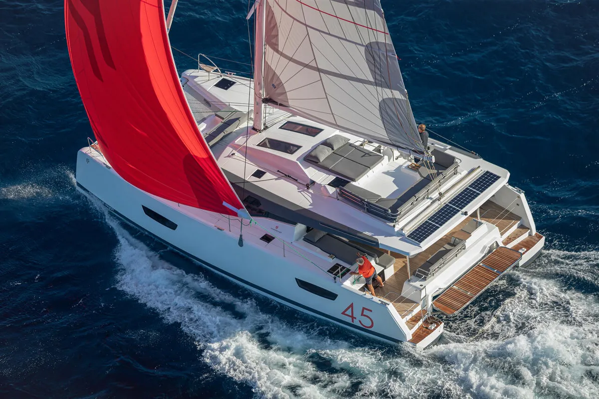 Exterior view of Be Hang Loose, a Fountaine Pajot Elba 45 catamaran at Panama, Bocas del Toro, IGY Red Frog Beach Island Mar…