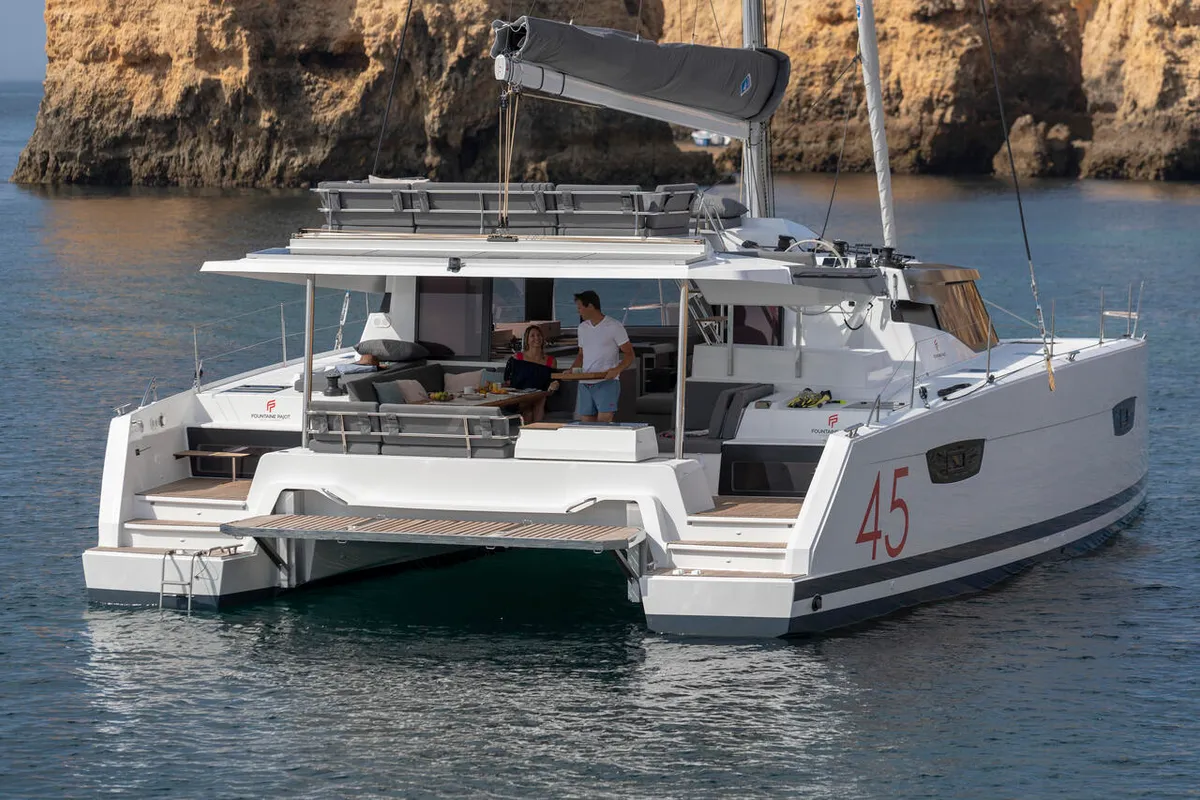 Exterior view of Be Hang Loose, a Fountaine Pajot Elba 45 catamaran at Panama, Bocas del Toro, IGY Red Frog Beach Island Mar…
