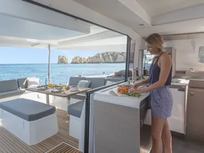 Galley of Be Hang Loose, a Fountaine Pajot Elba 45 catamaran at Panama, Bocas del Toro, IGY Red Frog Beach Island Marina, Pa…