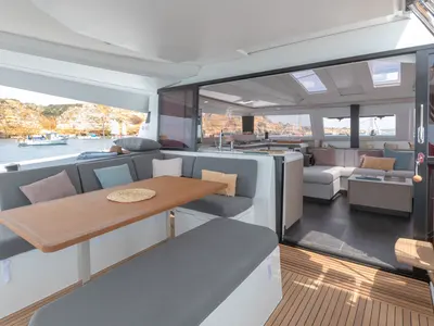 Deck of Be Hang Loose, a Fountaine Pajot Elba 45 catamaran at Panama, Bocas del Toro, IGY Red Frog Beach Island Marina, Pana…