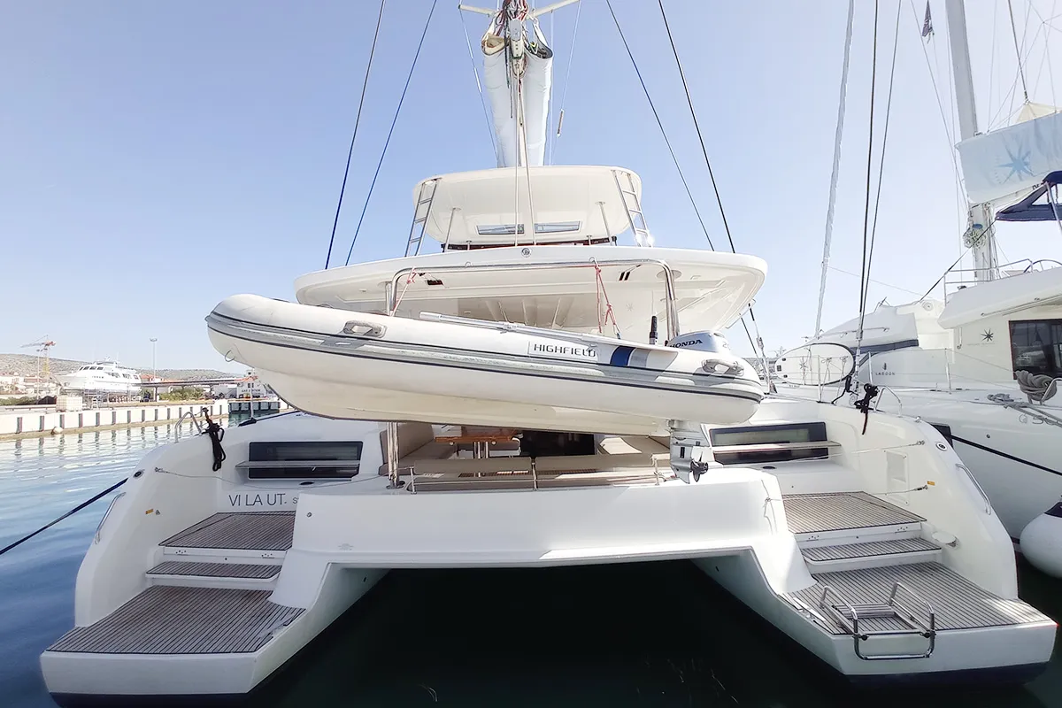 Exterior view of Vi La Ut, a Lagoon 50 catamaran at Seget Donji, Croatia
