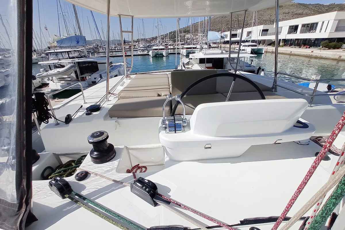 Cockpit of Vi La Ut, a Lagoon 50 catamaran at Seget Donji, Croatia