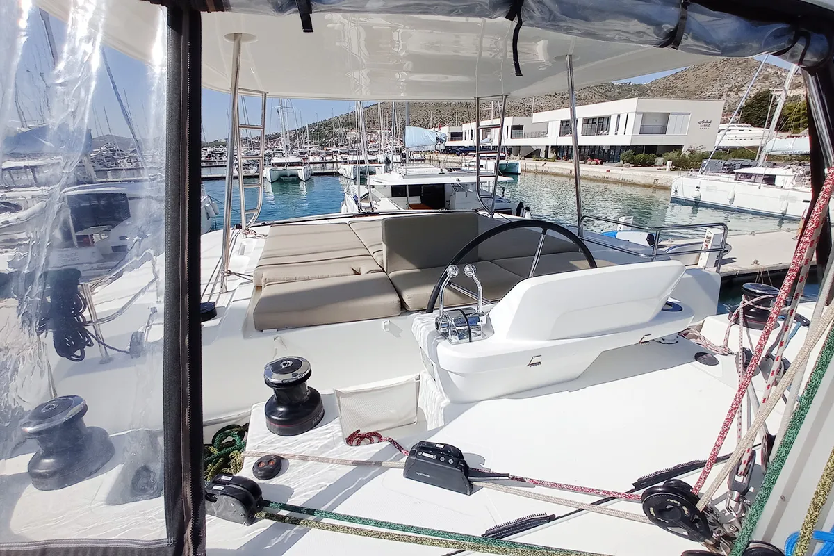 Cockpit of Vi La Ut, a Lagoon 50 catamaran at Seget Donji, Croatia