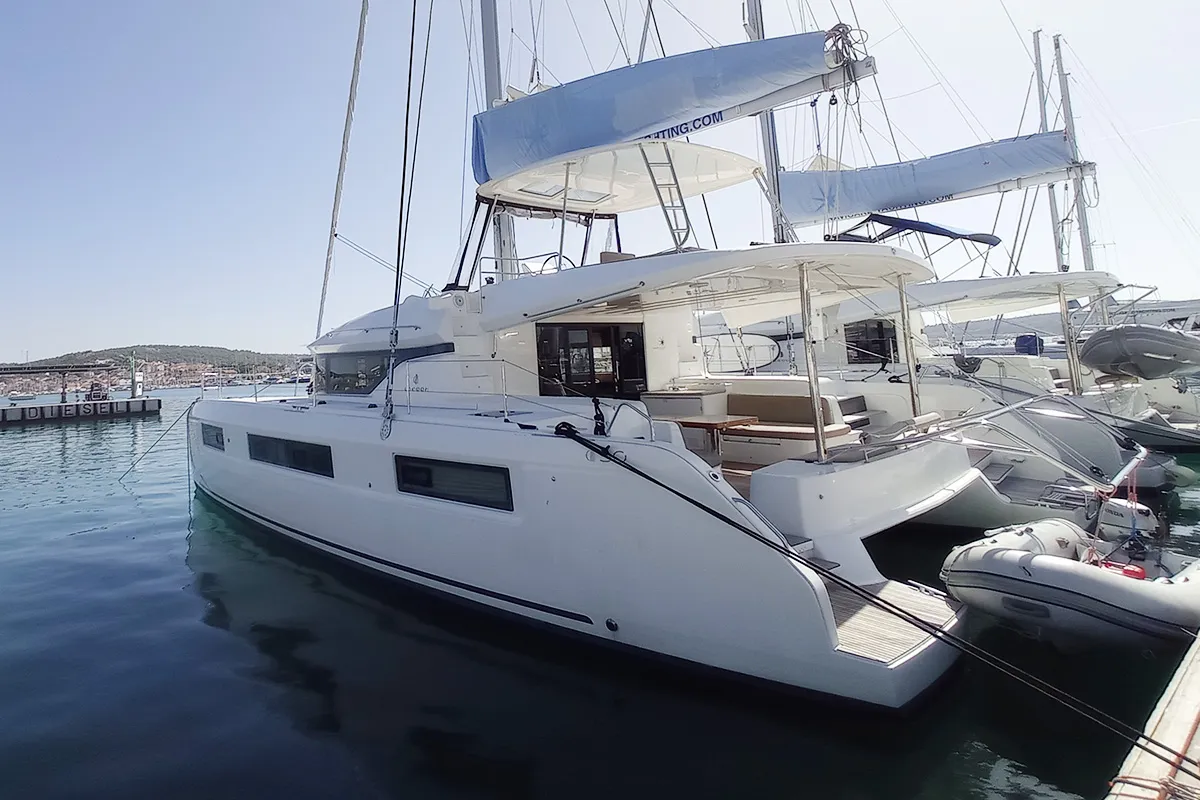 Exterior view of Vi La Ut, a Lagoon 50 catamaran at Seget Donji, Croatia