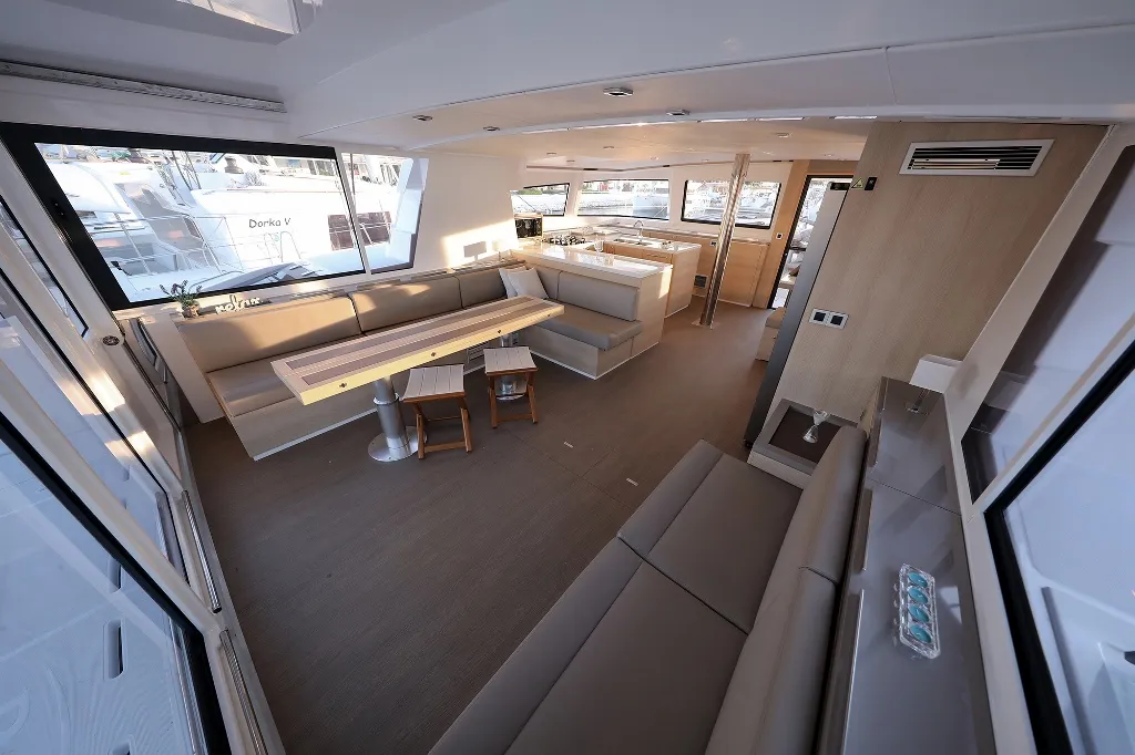 Salon of Lalounge, a Bali 5.4 catamaran at Općina Rogoznica, Croatia