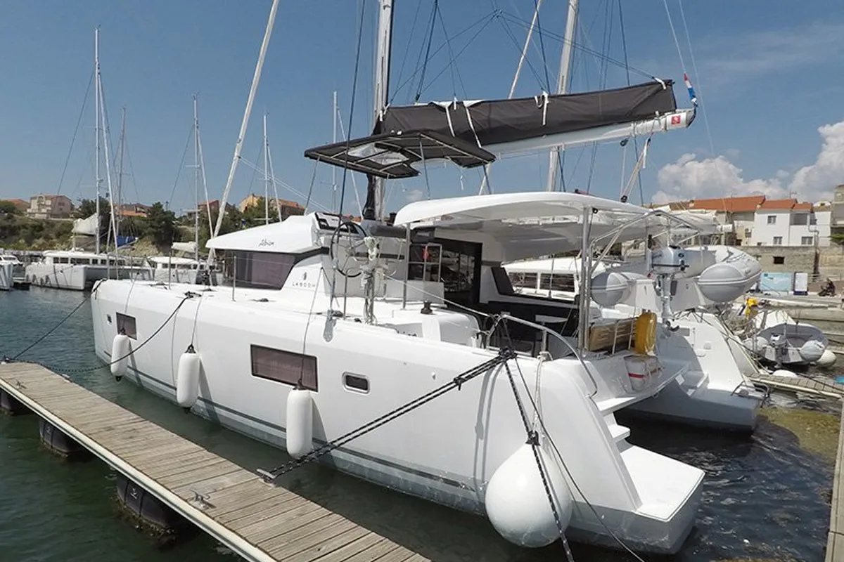 Exterior view of Abba, a Lagoon 42 catamaran at Grad Šibenik, Croatia