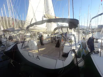 Cockpit of Lia of Sweden, a More 55 sailboat at Kaštela, Croatia