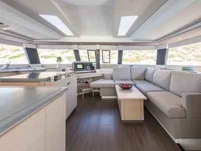 Pi 2, a Fountaine Pajot Saba 50 catamaran at Piraeus, Greece