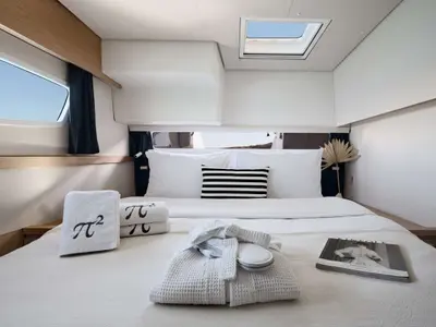 Pi 2, a Fountaine Pajot Saba 50 catamaran at Piraeus, Greece