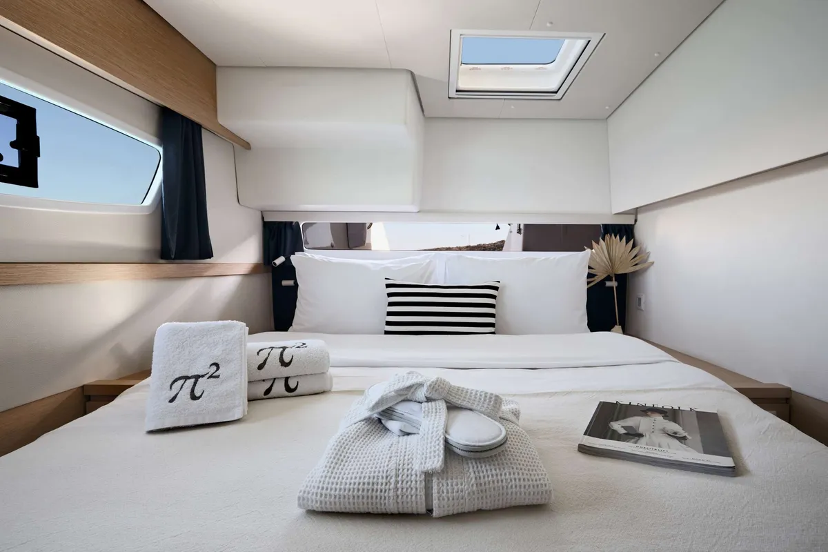 Pi 2, a Fountaine Pajot Saba 50 catamaran at Piraeus, Greece
