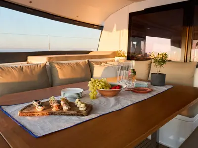 Pi 2, a Fountaine Pajot Saba 50 catamaran at Piraeus, Greece