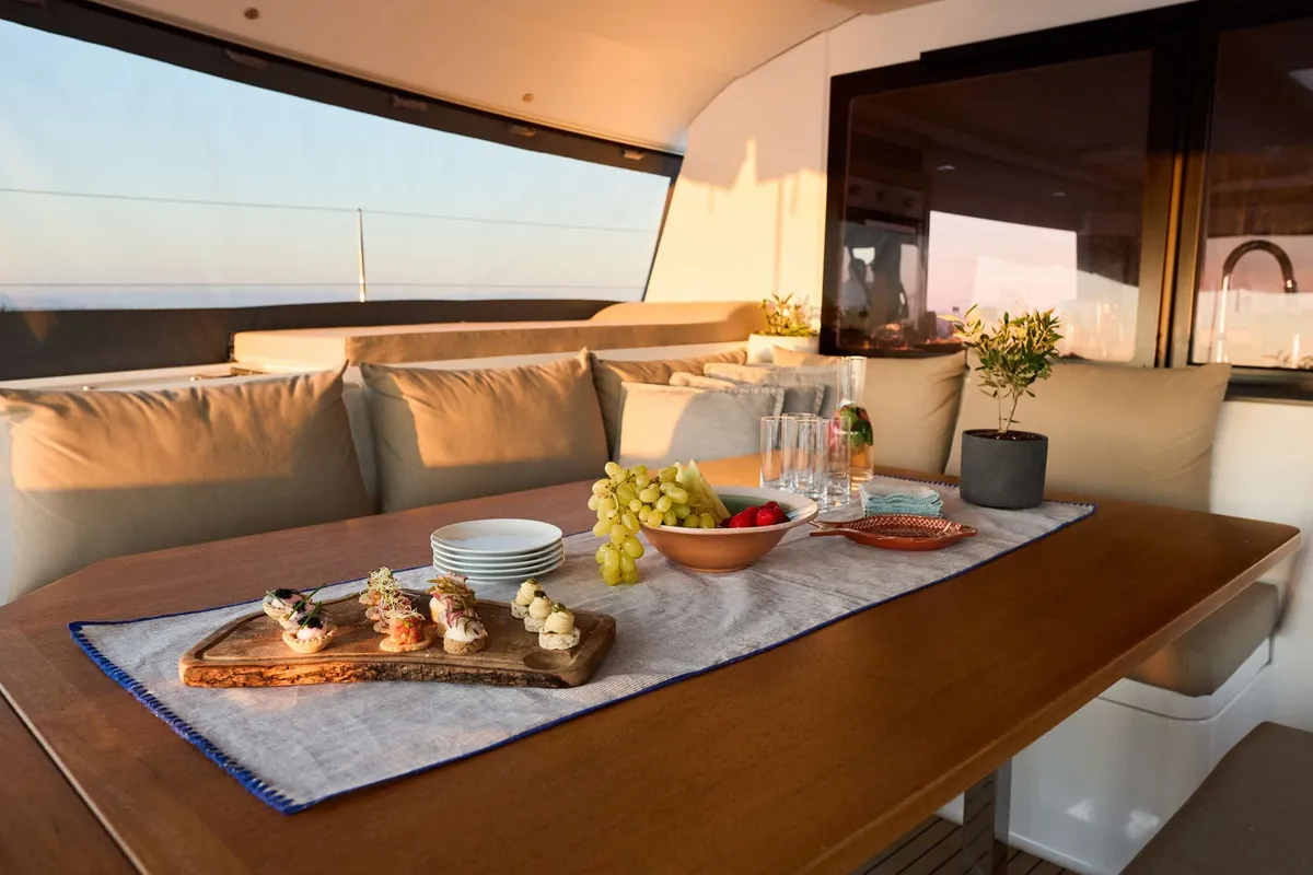 Pi 2, a Fountaine Pajot Saba 50 catamaran at Piraeus, Greece