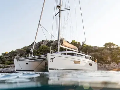 Pi 2, a Fountaine Pajot Saba 50 catamaran at Piraeus, Greece
