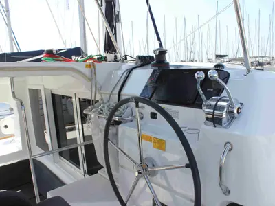 Cockpit of Georgios, a Lagoon 40 catamaran at Athens, Greece