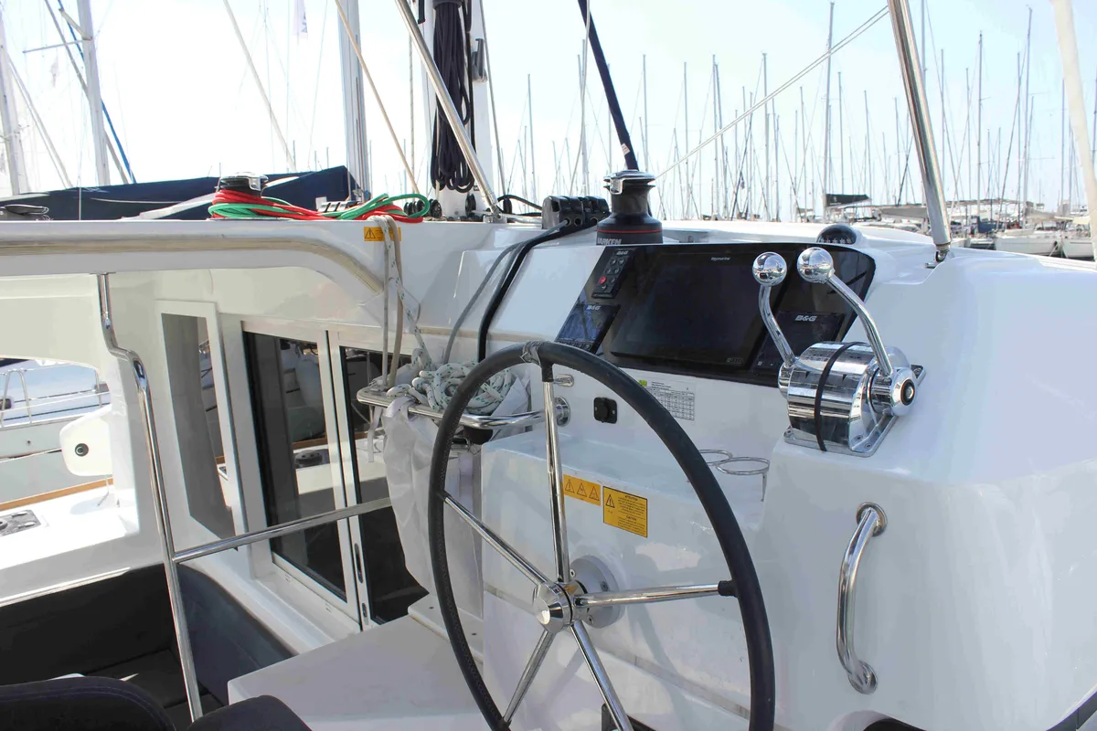 Cockpit of Georgios, a Lagoon 40 catamaran at Athens, Greece