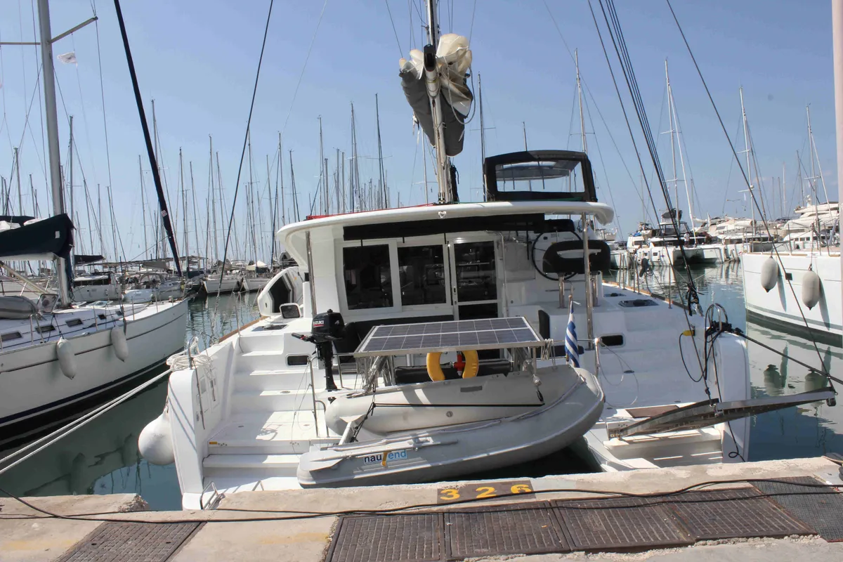 Exterior view of Georgios, a Lagoon 40 catamaran at Athens, Greece