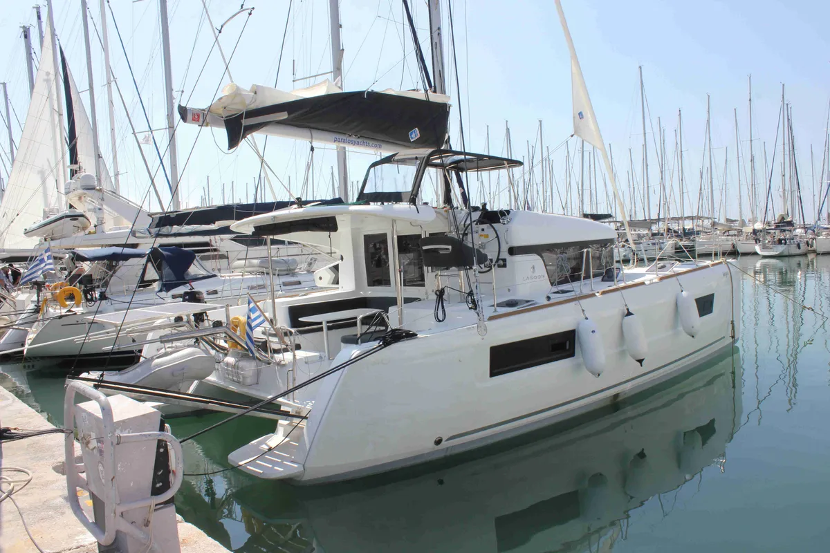 Exterior view of Georgios, a Lagoon 40 catamaran at Athens, Greece