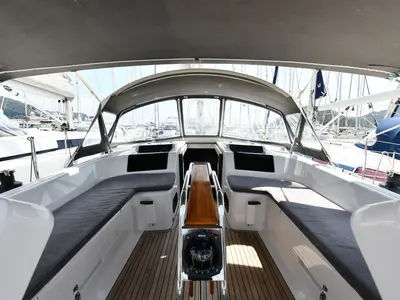 Cockpit of Sarisu, a Hanse 458 sailboat at Fethiye, Turkey