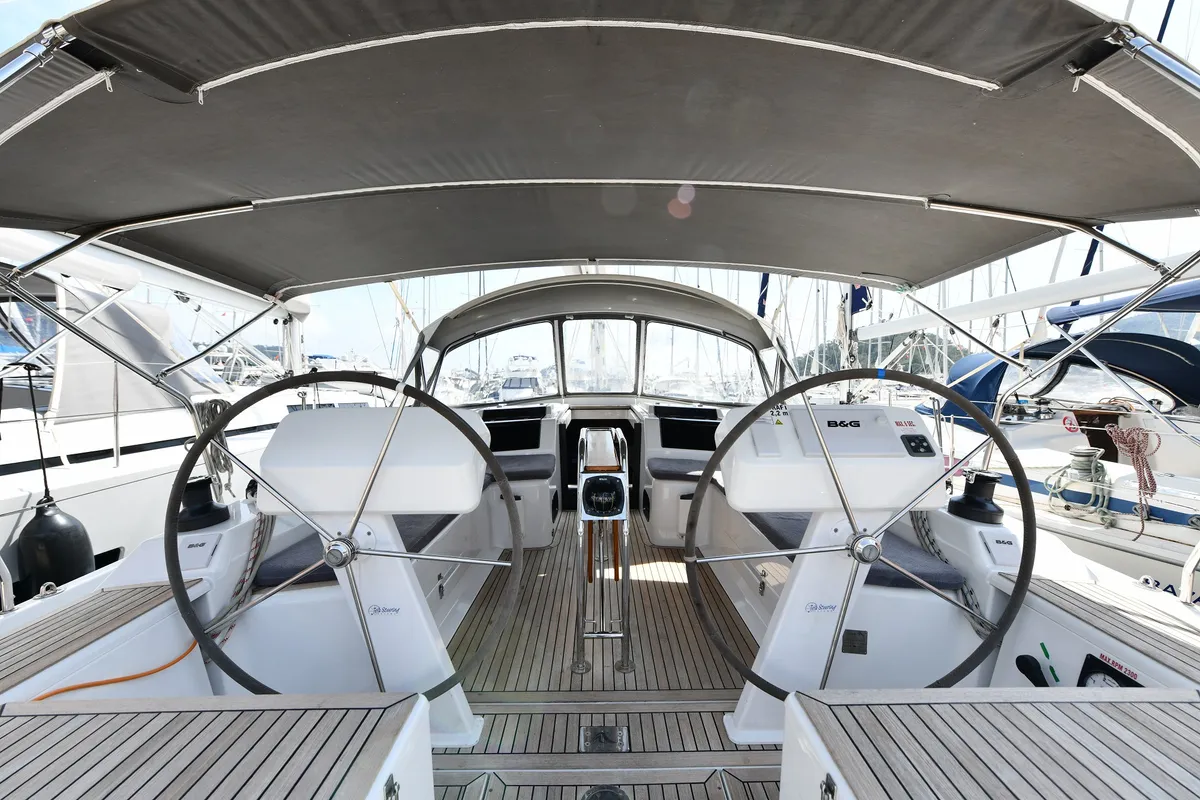 Cockpit of Sarisu, a Hanse 458 sailboat at Fethiye, Turkey
