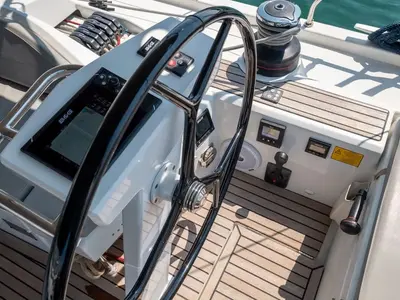 Cockpit of LFK-51.1, a Beneteau Oceanis 51.1 sailboat at Municipal Unit of Lefkada, Greece