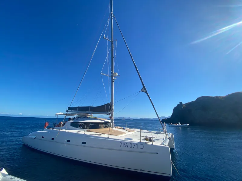 Exterior view of Hyera, a Fountaine Pajot Bahia 46 catamaran at Palermo, Italy