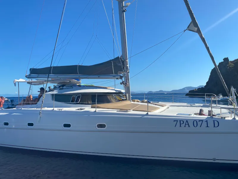Exterior view of Hyera, a Fountaine Pajot Bahia 46 catamaran at Palermo, Italy