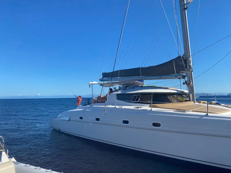 Exterior view of Hyera, a Fountaine Pajot Bahia 46 catamaran at Palermo, Italy