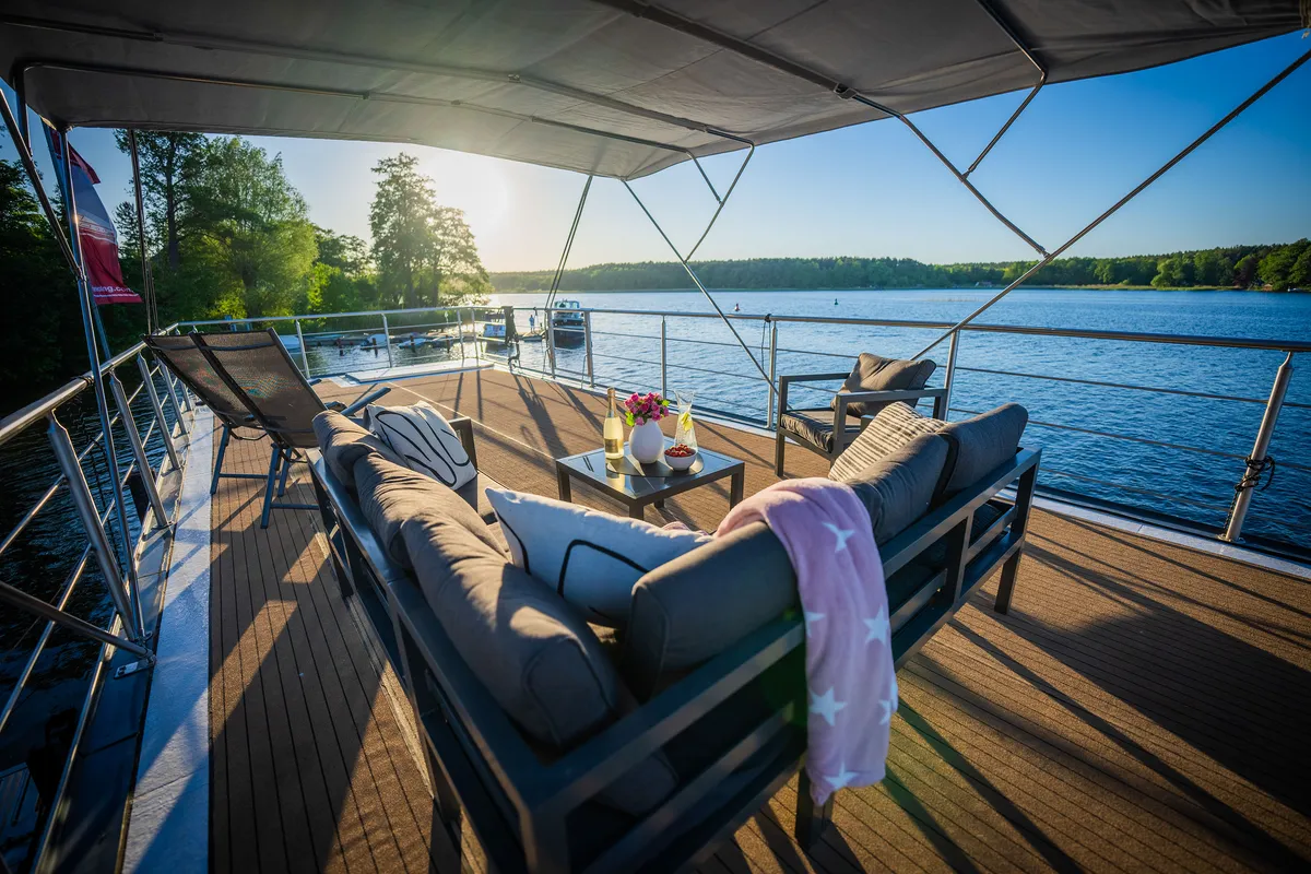 Deck of Roma, a Woma D13 motorboat at Fürstenberg/Havel, Germany