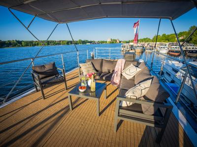 Deck of Roma, a Woma D13 motorboat at Fürstenberg/Havel, Germany